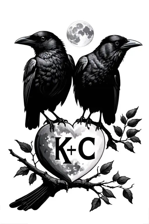 2 crows facing each other on a branch that comes up beside them with a few leaves, full moon letters K + C in a heart  tattoo design idea
