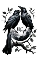 2 crows facing each other on a branch that comes up beside them with a few leaves, full moon letters K + C in a heart  tattoo design idea