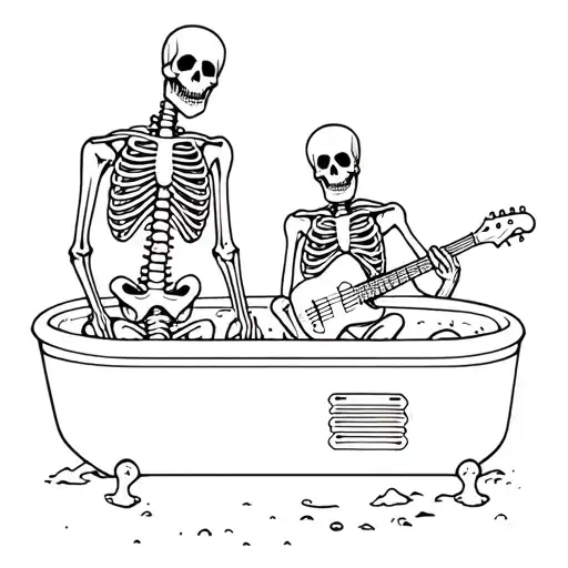 simple skeletons sitting in a hot tub, one tall, one short and muscular, and one holding a guitar tattoo design idea