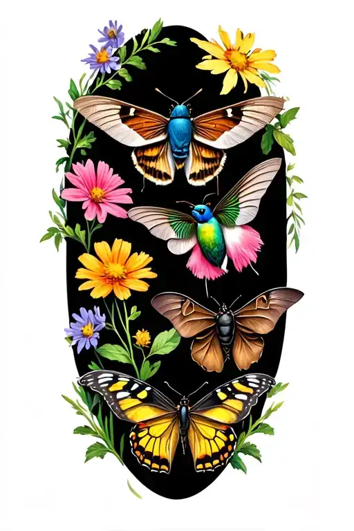 rusty patch bumblebee, hummingbird moth, swallowtail butterfly, brown bat, click beetle, & blue bird over wildflowers  tattoo design idea