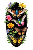 rusty patch bumblebee, hummingbird moth, swallowtail butterfly, brown bat, click beetle, & blue bird over wildflowers  tattoo design idea