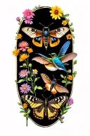 rusty patch bumblebee, hummingbird moth, swallowtail butterfly, brown bat, click beetle, & blue bird over wildflowers  tattoo design idea