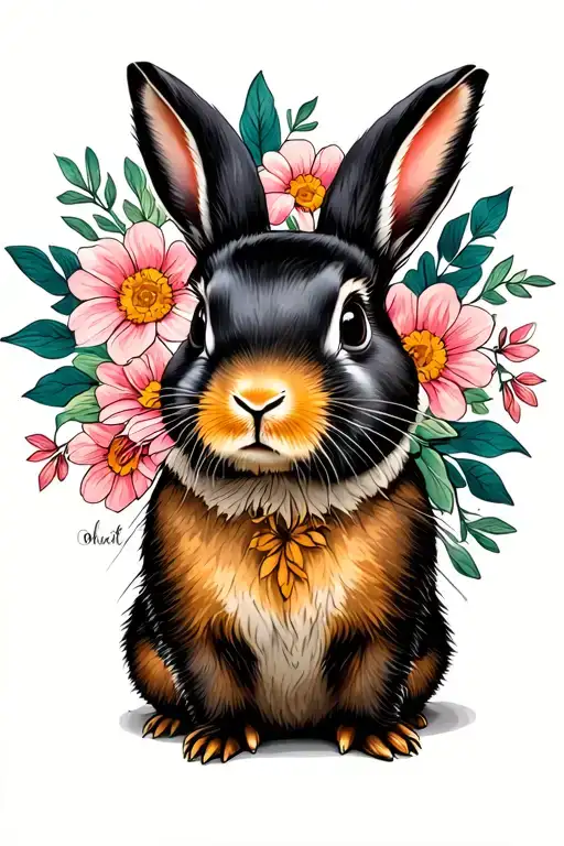 black otter netherland dwarf rabbit in flower frame tattoo design idea