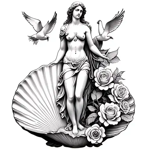 Statue of Greek goddess Aphrodite coming out of seashell surrounded by roses and doves tattoo design idea
