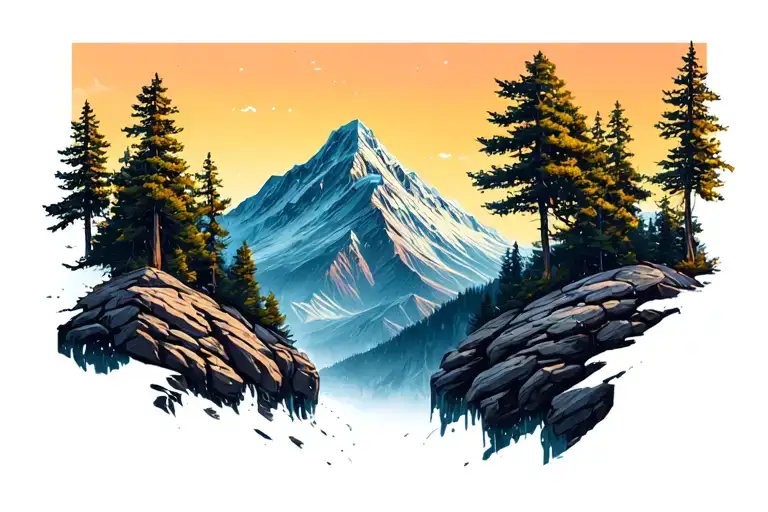 mountain with trees.  foot of the mountain are falling into the void as rocks  tattoo design idea