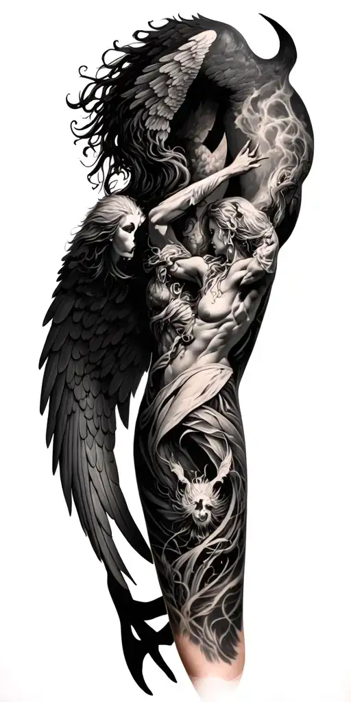 angels vs demons arm sleeve tattoo design idea