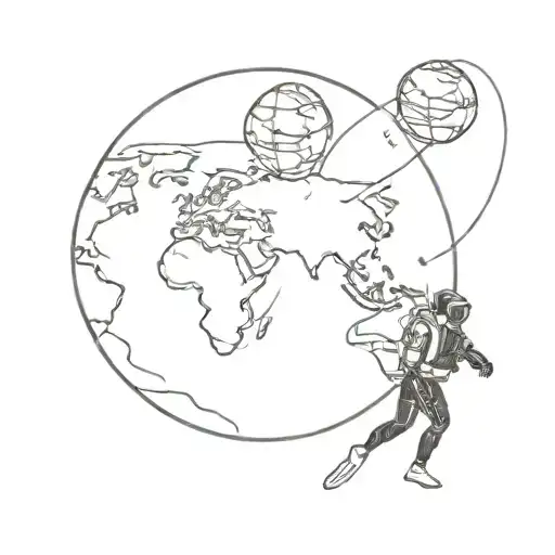 a scuba diver passing in front of planet earth with thai references. small thin tattoo tattoo design idea