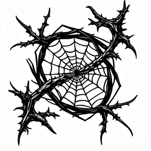 thorns with spiderweb around the elbow spiraling polygons tattoo design idea