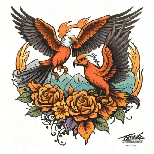 coachells valley firebirds and phoenix with mountains  tattoo design idea
