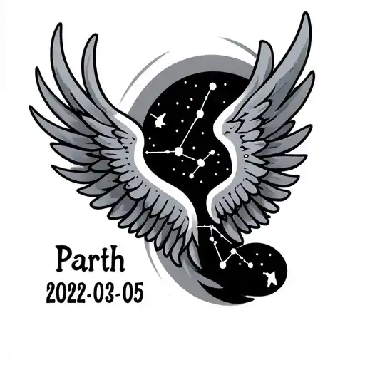 Create a tattoo for male with virgo constellations with wing incorporated with my name 'Parth' and birth date 2002-01-05 tattoo design idea