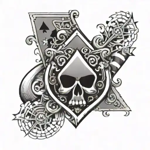 Ace of spade card, oldish, with a Queen of hearts at the back, a Aries star in the spade, barb wire running through it.. tattoo design idea