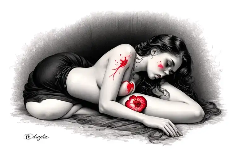 woman laying on her side sad over heart around the left breast tattoo design idea