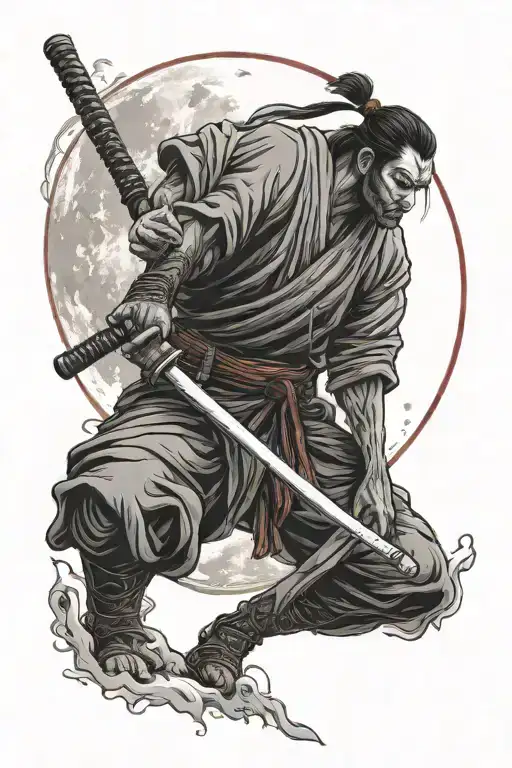 realistic ronin holds a katana sword side view with red full moon in the background tattoo design idea