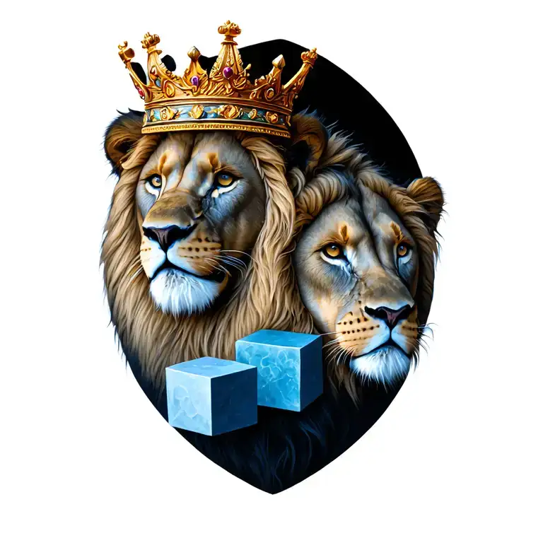 lion wearing crown with lioness and two cubes tattoo design idea