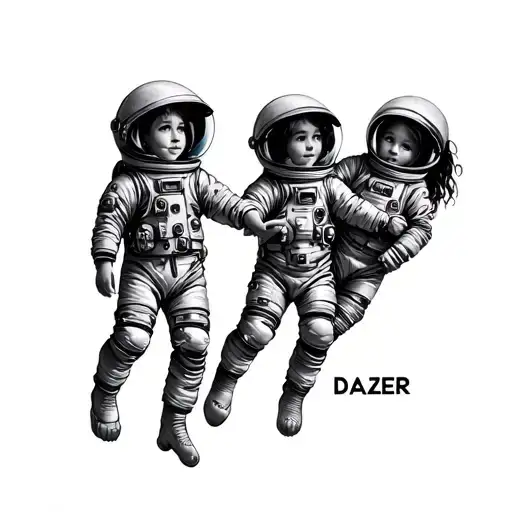 Small tattoo with three Little girl Astronauts holding hands and floating together with name DAGZER tattoo design idea