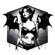 Gothic, Succubus, Big Boobs, G-String, Ripped Bra, G-String, Looking To Right, Sexual Pose tattoo design idea