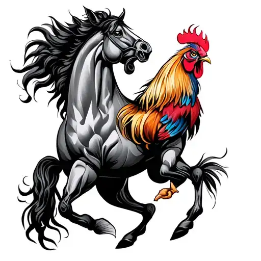 Rooster fighting a horse tattoo design idea
