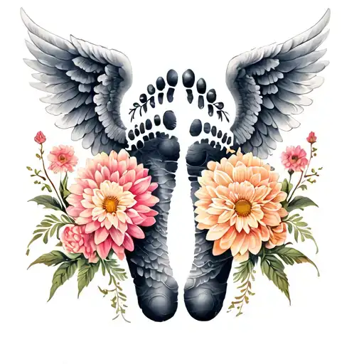 babies footprint angel wings and row of chrysanthemums tattoo design idea
