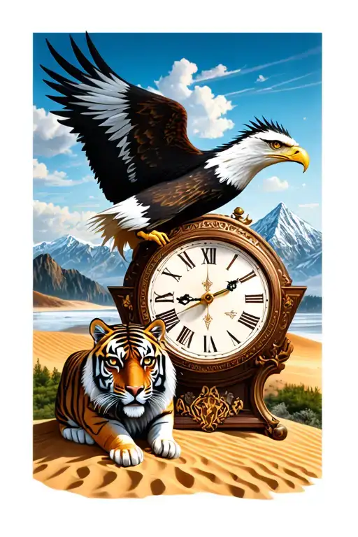 eagle and sand clock and mountain landscape combined with tiger tattoo design idea