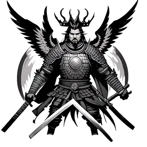 Samurai man in armor, six wings behind his back, a katana in both hands, a black crown above his head, black and white tattoo design idea