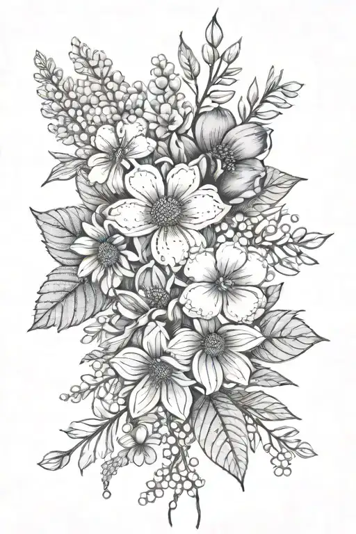 birth flower bouquet February, July and November  tattoo design idea