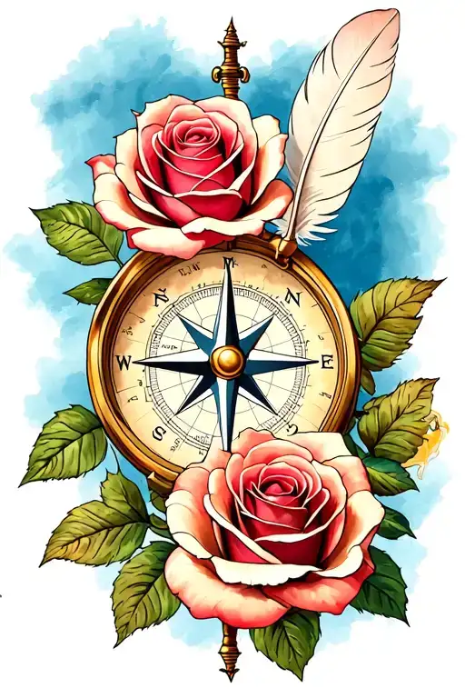 compass, 3 roses, quill, geography map tattoo design idea