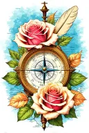 compass, 3 roses, quill, geography map tattoo design idea