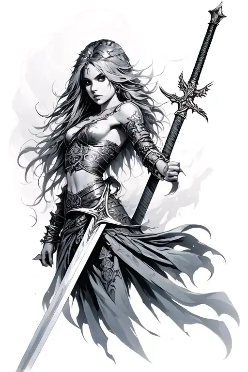 Valkyrie, anime art, long sword tattoo design idea