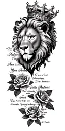a lion head with a crown. Names Ann Andrews Gage, Yvonne Andrews & Yvette Andrews. Stars and roses & a self love poem tattoo design idea