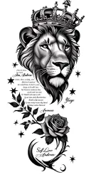 a lion head with a crown. Names Ann Andrews Gage, Yvonne Andrews & Yvette Andrews. Stars and roses & a self love poem tattoo design idea