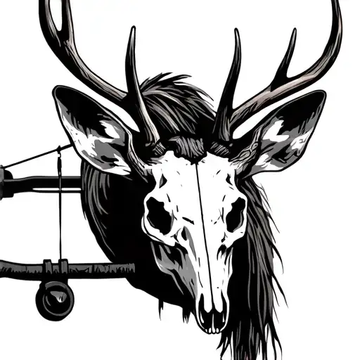 whitetail deer skull with a compound bow hanging from it tattoo design idea