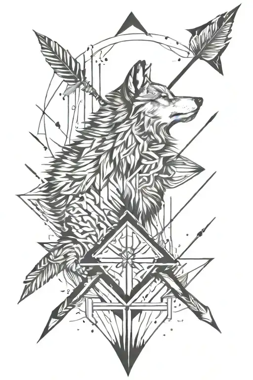 abstract arrow with wolf in middle tattoo design idea