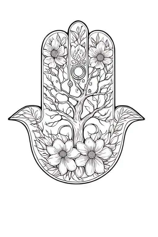 Hamsa tattoo with tree of life in the hamsa and 3 anemone flowers on the outside of the hamsa, tattoo design idea