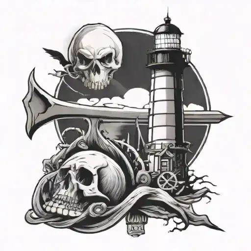 a tattoo of a lighthouse as shank of an anchor. the lighthouse light is projecting a wolf head roaring. a skull and bone tattoo design idea