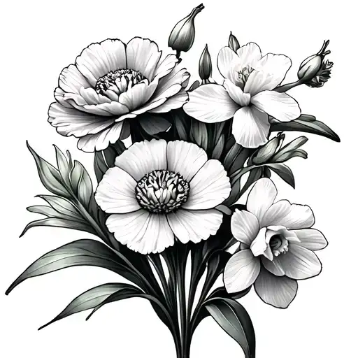 carnation, snowdrop, and daffodil flowers tattoo design idea
