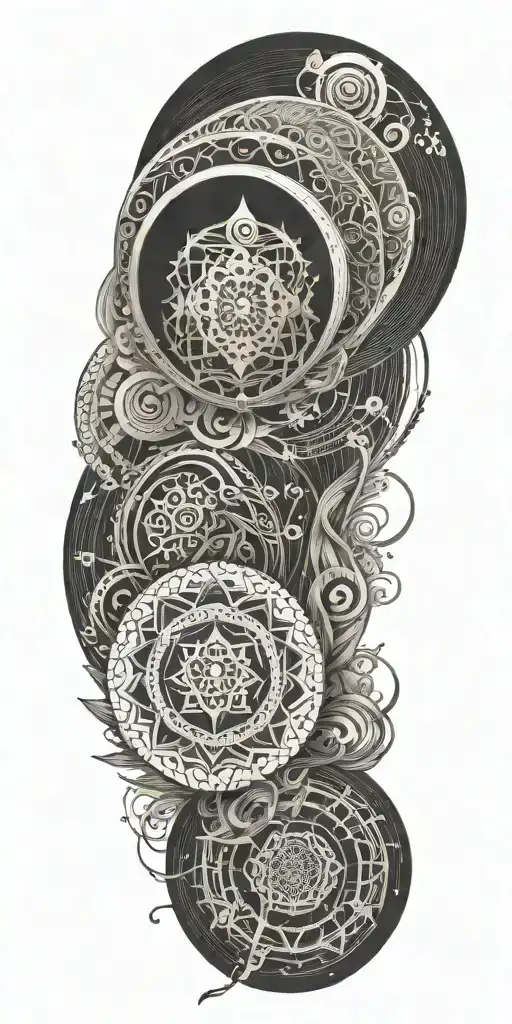 Blend Buddhist mandala, fine-line wood grain, anime elements, and subtle gaming symbols into a cohesive, flowing design tattoo design idea