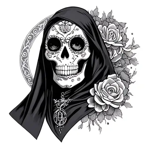 sugar skull with Gemini symbol in black robe  tattoo design idea