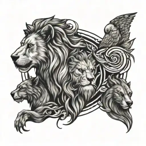 A lion, bear, wolf, and firebird intertwined in a circular design tattoo design idea