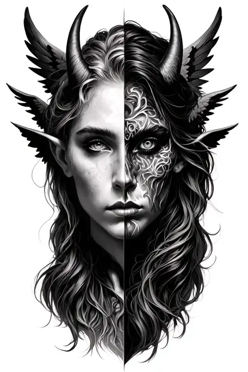 Half Demon Half Angel looking at your soul tattoo design idea