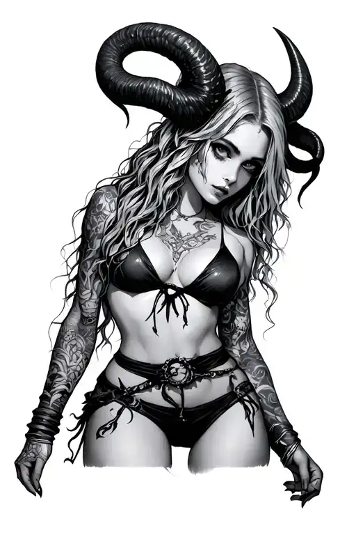 Sexy Pale Girl, Petite, Big Boobs, Wide Hips, G-string. Messy Hair, Demonic Horns, Viking tattoo design idea