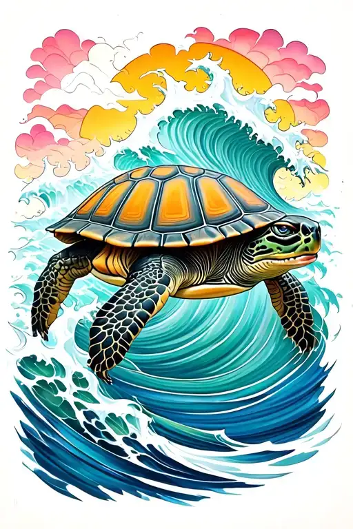 turtle and waves flowing tattoo design idea