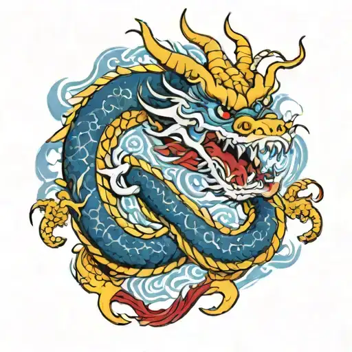 a red and white chinese dragon wraped around a blue and yellow snake tattoo design idea