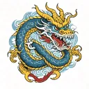 a red and white chinese dragon wraped around a blue and yellow snake tattoo design idea