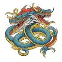 a red and white chinese dragon wraped around a blue and yellow snake tattoo design idea