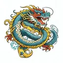 a red and white chinese dragon wraped around a blue and yellow snake tattoo design idea