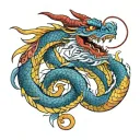 a red and white chinese dragon wraped around a blue and yellow snake tattoo design idea