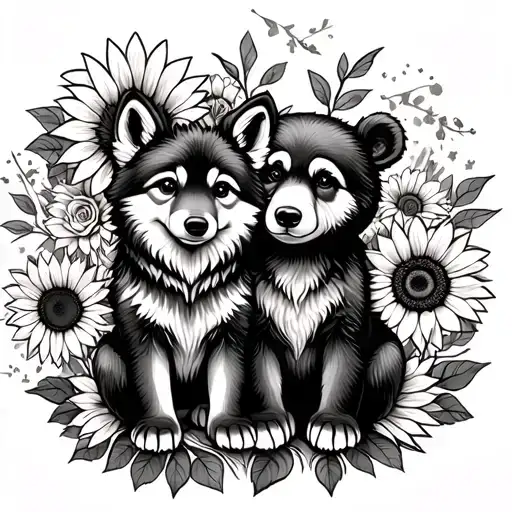 cute baby wolf and bear sitting with sunflowers and roses. black tattoo design idea