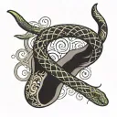 A script hand tattoo that reads "Ariyah" and has one single snake going from the ring finger slithering through the name tattoo design idea