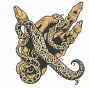 A script hand tattoo that reads "Ariyah" and has one single snake going from the ring finger slithering through the name tattoo design idea