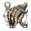 A script hand tattoo that reads "Ariyah" and has one single snake going from the ring finger slithering through the name tattoo design idea